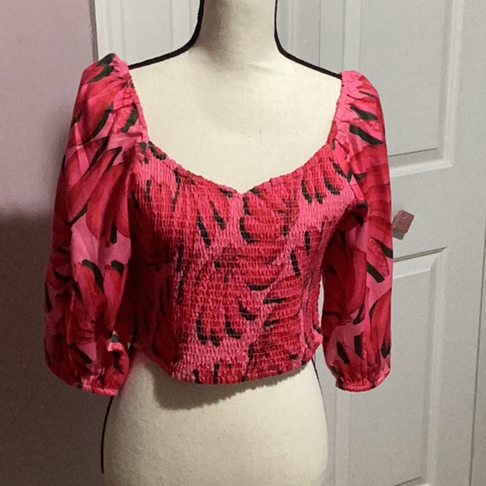 Red and Green Puff Sleeve Smocked Crop Blouse
